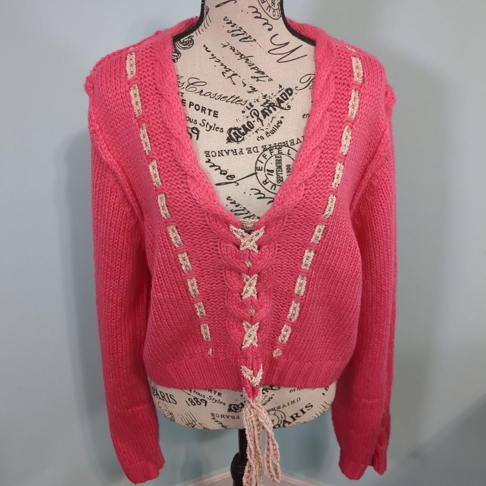 Pol p.o.l pink cropped neck ribbon sweater large cottage core cable knit